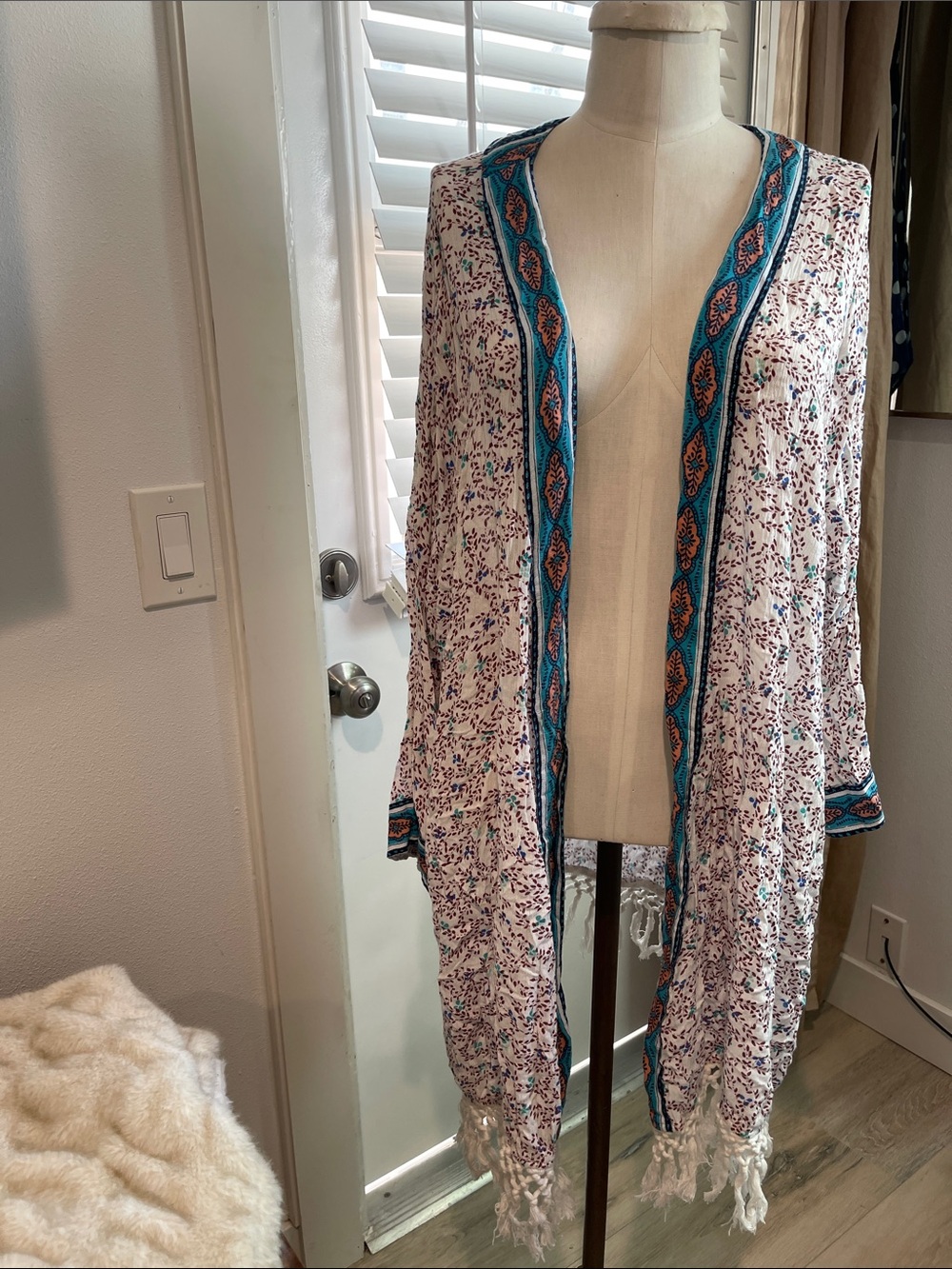Roxy Lightweight Boho Tassel Duster with Teal Trim